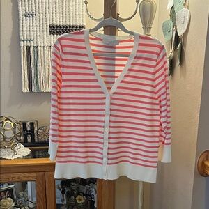 LOFT Women's Pink and White Striped Cardigan